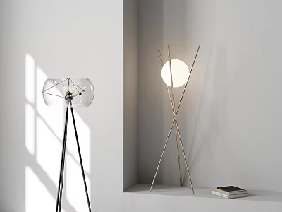 Modern Floor Lamps With Transparent Glass Shade Black Tripod Golden Cross Stand And Shadow Effect 3d model