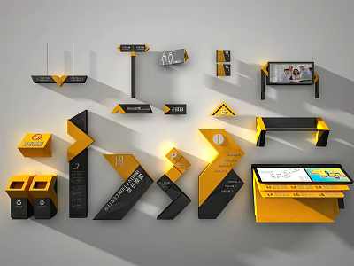 Creative Modern Signage With Directional Arrows Information Boards And Yellow Black Displays 3d model