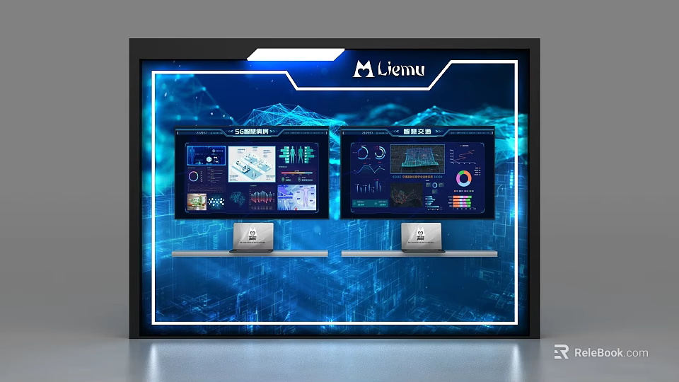 Modern Lemiu Display Shelf with Digital Displays Data Charts and Blue Tech Background 3d model