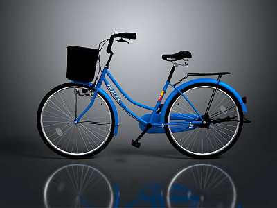 Stylish Blue Bicycle With Black Basket Seat And Reflection On Gray Background 3d model