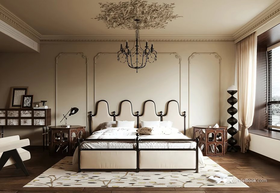 Elegant Bedroom Interior with Ornate Ceiling Chandelier Tufted Bed Wooden Floor and Area Rug 3d model 