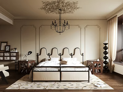 Elegant Bedroom Interior with Ornate Ceiling Chandelier Tufted Bed Wooden Floor and Area Rug 3d model