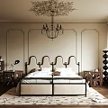 Elegant Bedroom Interior with Ornate Ceiling Chandelier Tufted Bed Wooden Floor and Area Rug