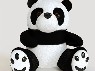 Cute Black and White Panda Plush Doll with Smiley Paw Patterns in Sitting Posture 3d model