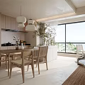 Minimalist Dining and Living Room With Wooden Cabinets Rattan Chairs White Pendant Light and Plant