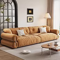 Cozy Orange Velvet Sofa With Pillows And Wooden Coffee Table In Modern Living Room