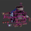 Rustic Multi Layered Building with Blue Water Tank Wooden Crates Plants Awnings and Windmill
