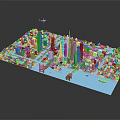 Modern City Model With Skyscrapers Green Spaces River Bridge Boat And Airplane