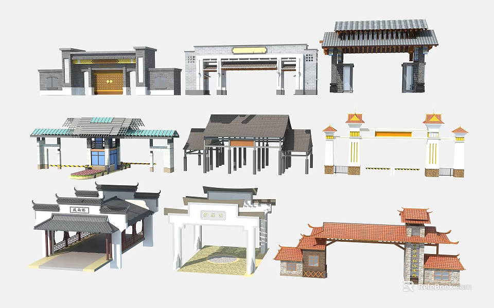 Traditional Chinese Architectural Components With Various Portals Memorial Arches And Classic Roof Structures 3d model 