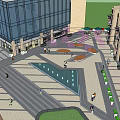 Vibrant Commercial Street With Modern Buildings Shops Outdoor Seating And Pedestrians