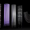 Creative Art Installation With Purple Hanging Beaded Strands Silver Cylindrical Structures And Illuminated Light Effects