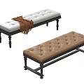 Tufted Leather Benches In White And Brown With Black Legs And Brown Blanket