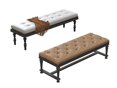 Tufted Leather Benches In White And Brown With Black Legs And Brown Blanket 3d model