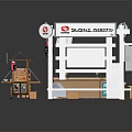 Cartoon Scene of Sushi Shop Model with Red Facade Wooden Signboard and Outdoor Tables Chairs