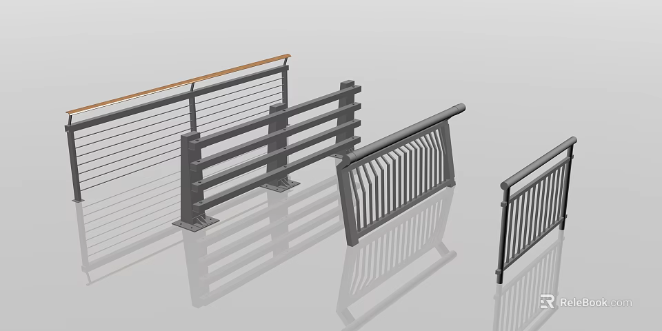 Metal Railings With Various Designs Including Horizontal Bars Vertical Grilles And Wooden Handrail 3d model 