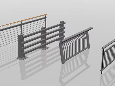 Metal Railings With Various Designs Including Horizontal Bars Vertical Grilles And Wooden Handrail 3d model
