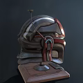 Sci Fi Helmet With Red Black Green Stripes Wooden Base And Small Antenna