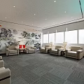Elegant Hotel Public Lounge Area Featuring Comfortable Sofas Large Windows Green Plants And Landscape Art