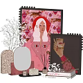 Stylish Decorative Ornament Set With Framed Art Mirror Vase Dried Flowers Candles And Books