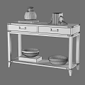 Dark Wood Functional Console Table With Brass Accents Drawers And Decorative Bowls