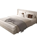 Modern Upholstered Double Bed With Beige Headboard White Mattress And Gray Throw Blanket
