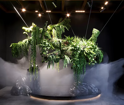 Indoor Landscape With Hanging Lush Green Plants Surrounding Mist Black Rock Base And Overhead Lighting 3d model