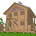 Wooden Stilt Guesthouse Building With Balcony Green Plants And Wind Turbine