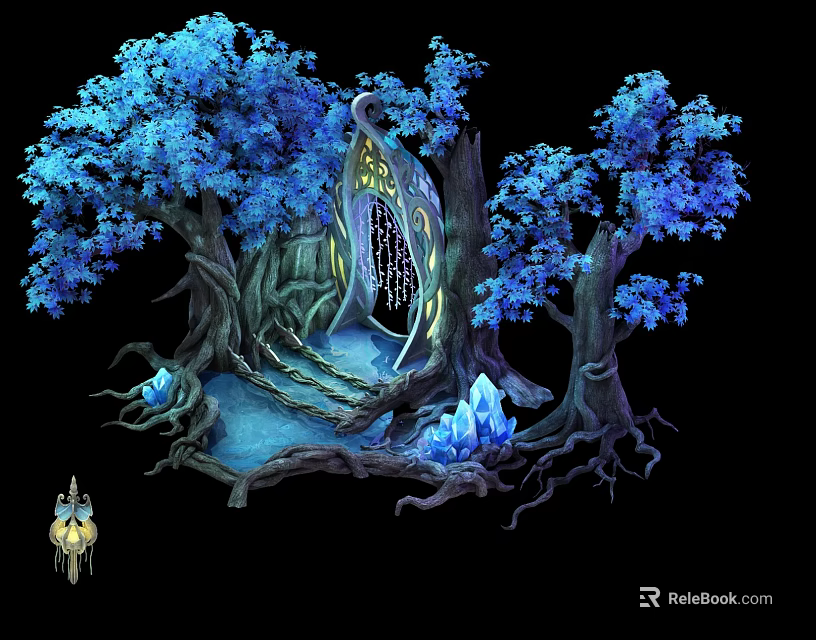Blue Leaf Trees With Glowing Trunk And Crystal Decorations Along Mystical Pathway 3d model 
