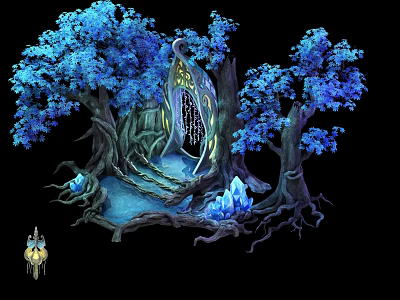 Blue Leaf Trees With Glowing Trunk And Crystal Decorations Along Mystical Pathway 3d model