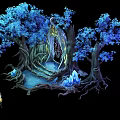 Blue Leaf Trees With Glowing Trunk And Crystal Decorations Along Mystical Pathway