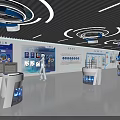 Showroom Interior With Product Display Blue Background White Counters And Human Models 3d model