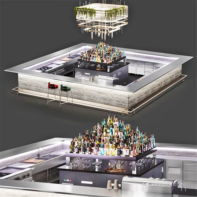Commercial Bar Equipment Setup With Counter Bottles Lighting And Stools 3d model 