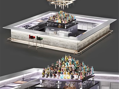 Commercial Bar Equipment Setup With Counter Bottles Lighting And Stools 3d model