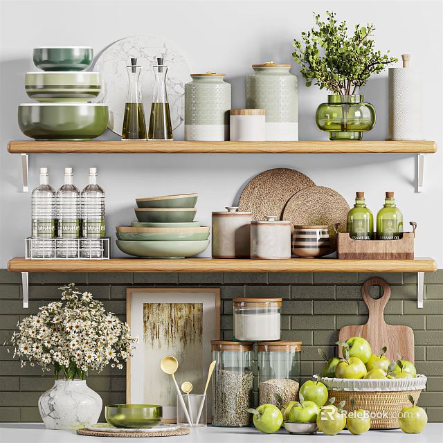 Elegant Kitchenware Display On Shelves With Bowls Jars Bottles And Green Plants Against Brick Wall 3d model 