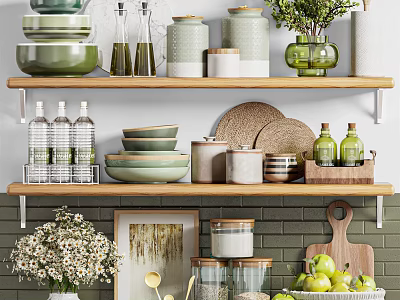Elegant Kitchenware Display On Shelves With Bowls Jars Bottles And Green Plants Against Brick Wall 3d model