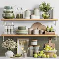 Elegant Kitchenware Display On Shelves With Bowls Jars Bottles And Green Plants Against Brick Wall