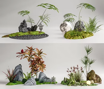Modern landscape sketch plant combination landscape stone plant pile moss fern potted pebbles flower box 3d model