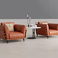 Brown Leather Single Sofa Interior With Two Armchairs Small Round Table And Gray Wall 3d model