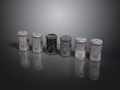Six Cylindrical Trash Cans With Different Textured Surfaces Arranged On Black Background 3d model