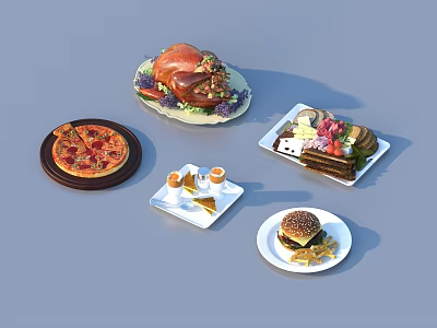Assorted Delicious Foods Showcasing Roast Turkey Pizza Burger Cake And Pastries With Fries 3d model