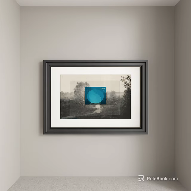 Framed Blue Circle Abstract Painting On Wall With Monochrome Background 3d model