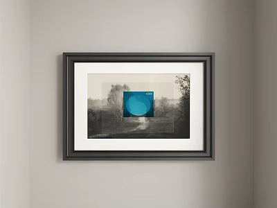 Framed Blue Circle Abstract Painting On Wall With Monochrome Background 3d model