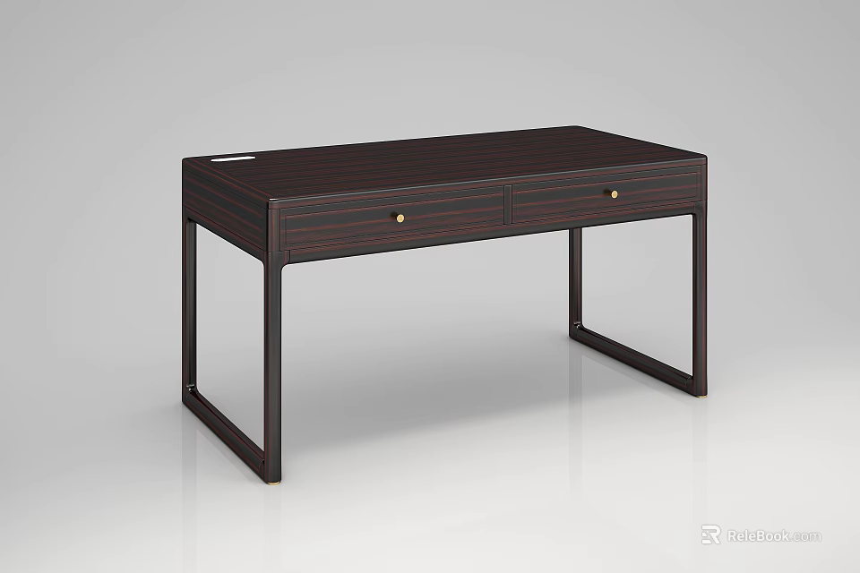 Modern Minimalist Dark Wooden Dressing Table With Two Drawers And Golden Handles 3d model 