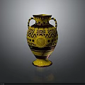 Classical Decorative Vase With Intricate Yellow Black Geometric Patterns Circular Motifs And Two Handles