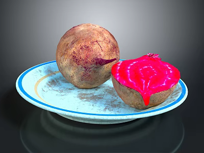 Fresh Whole And Cut Beetroot With Vibrant Red Flesh On A Plate 3d model