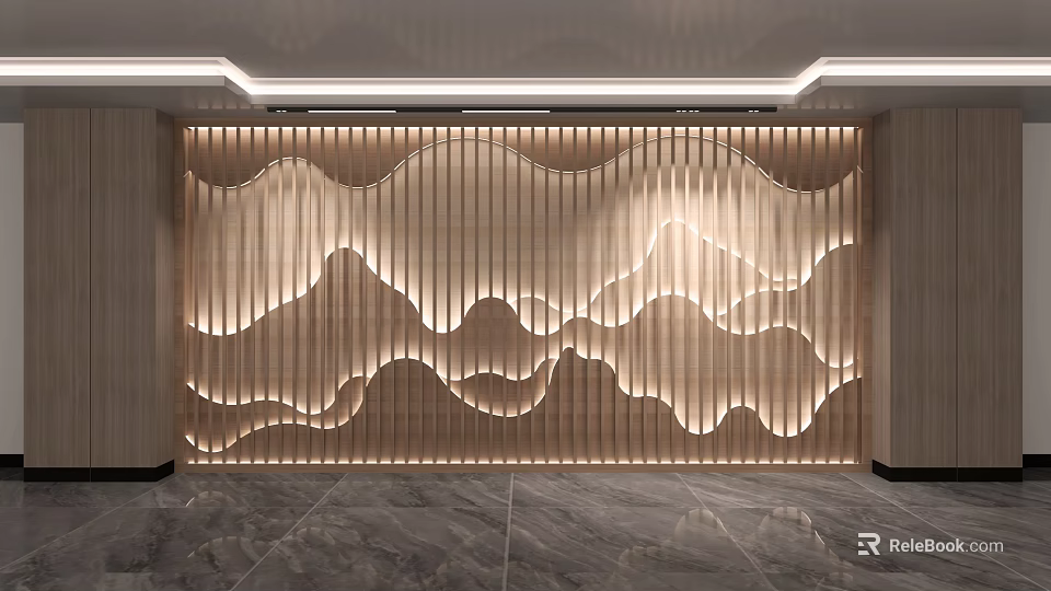Luxury Club Interior Featuring Wave Pattern Wooden Strip Wall Ambient Lighting And Marble Floor 3d model 