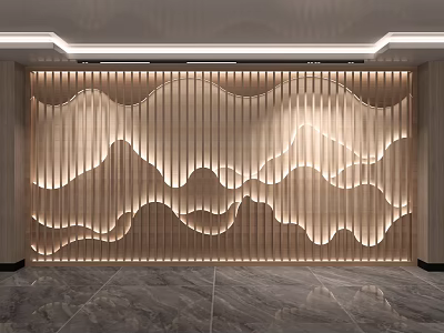 Luxury Club Interior Featuring Wave Pattern Wooden Strip Wall Ambient Lighting And Marble Floor 3d model