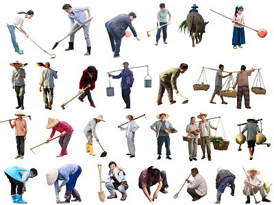 Multiple People Performing Various Farming Activities With Traditional Tools 3d model