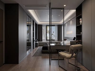 Modern Hotel Room Interior With Glass Partition Large Window Bed Desk And Wooden Flooring 3d model