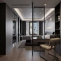 Modern Hotel Room Interior With Glass Partition Large Window Bed Desk And Wooden Flooring